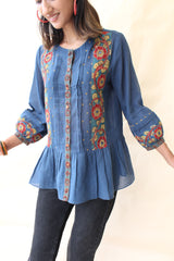 Indigo organic mulmul peplum top with Kalamkari borders