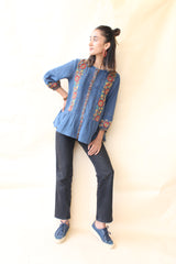 Indigo organic mulmul peplum top with Kalamkari borders