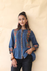 Indigo organic mulmul peplum top with Kalamkari borders