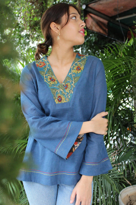 Indigo mulmul kalamkari neck top - Sohni