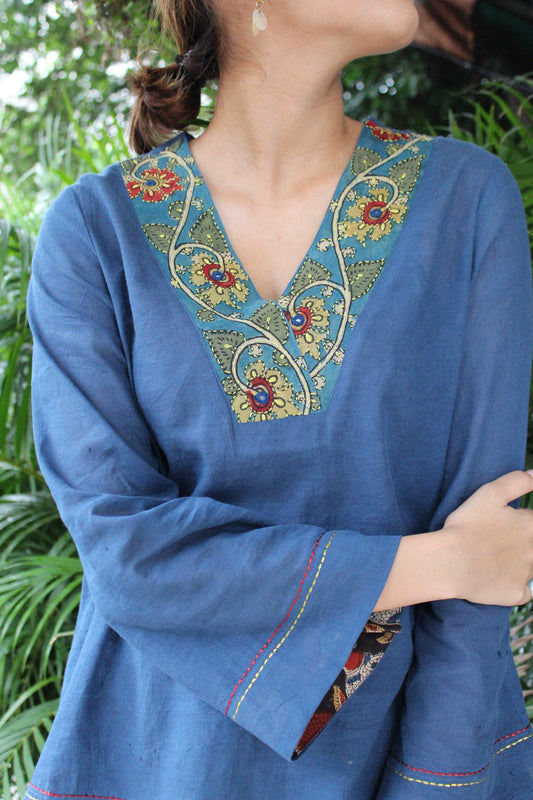 Indigo mulmul kalamkari neck top - Sohni