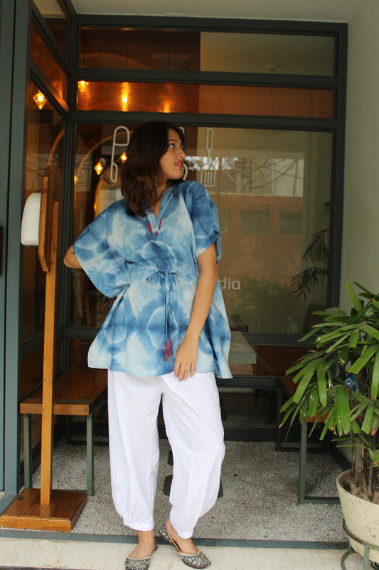Indigo clamp dye kaftan top - Sohni