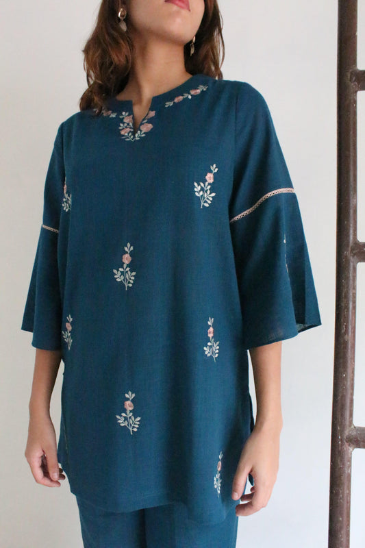 Teal blue slub co ord set - Sohni