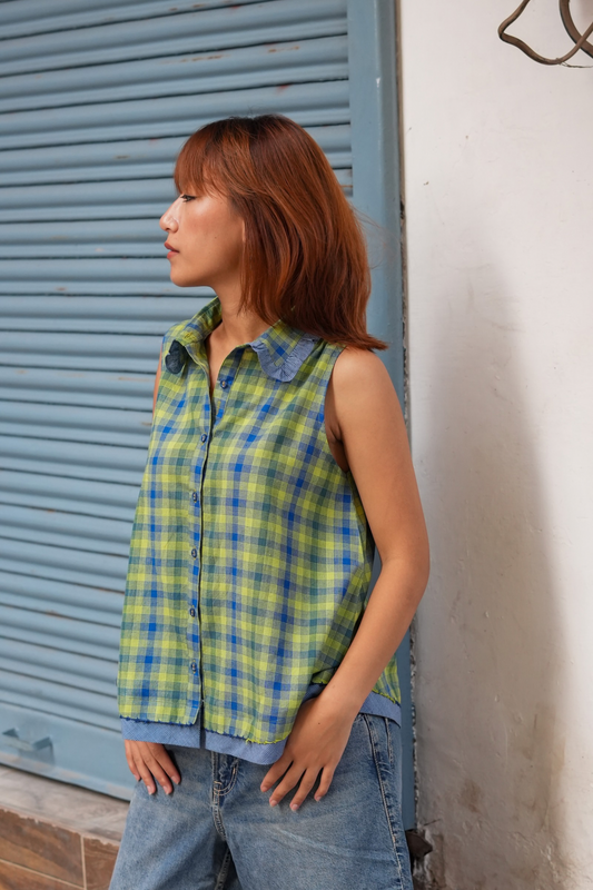 Blue-Green Check Sleeveless Shirt