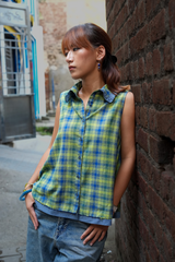 Blue-Green Check Sleeveless Shirt