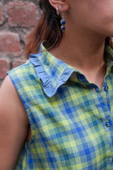 Blue-Green Check Sleeveless Shirt