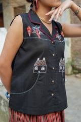 Black Slub Cotton Farmer Top