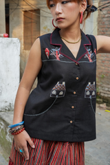 Black Slub Cotton Farmer Top