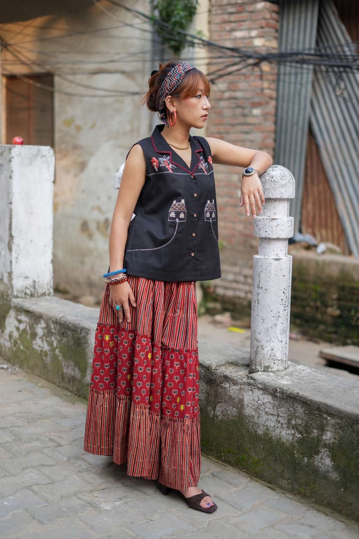 Black Slub Cotton Farmer Top