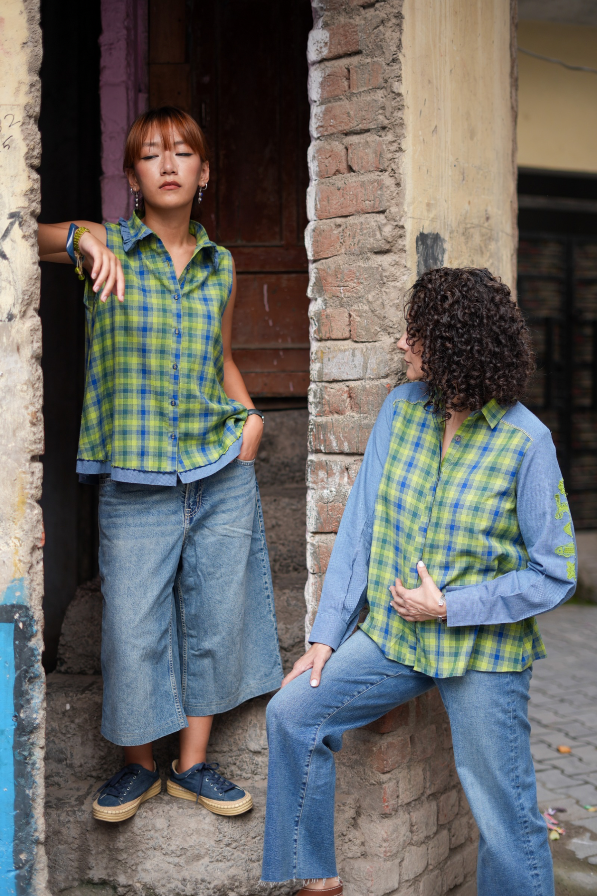 Blue-Green Check Patch Sleeve Shirt