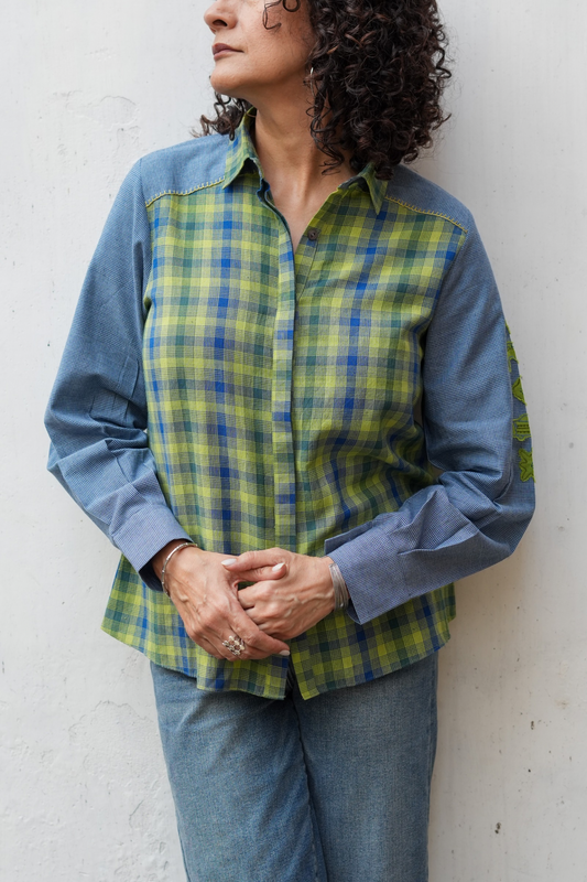 Blue-Green Check Patch Sleeve Shirt