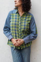 Blue-Green Check Patch Sleeve Shirt