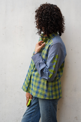 Blue-Green Check Patch Sleeve Shirt