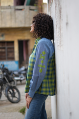 Blue-Green Check Patch Sleeve Shirt
