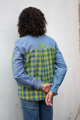 Blue-Green Check Patch Sleeve Shirt