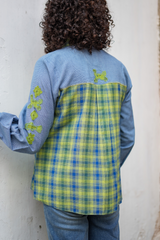 Blue-Green Check Patch Sleeve Shirt