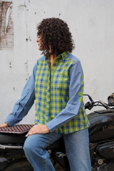 Blue-Green Check Patch Sleeve Shirt