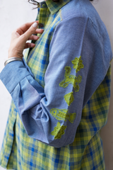 Blue-Green Check Patch Sleeve Shirt
