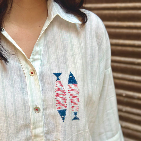 Ivory green striped handloom cotton shirt with fishes appliqué