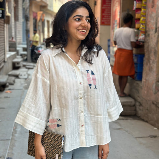 Ivory green striped handloom cotton shirt with fishes appliqué