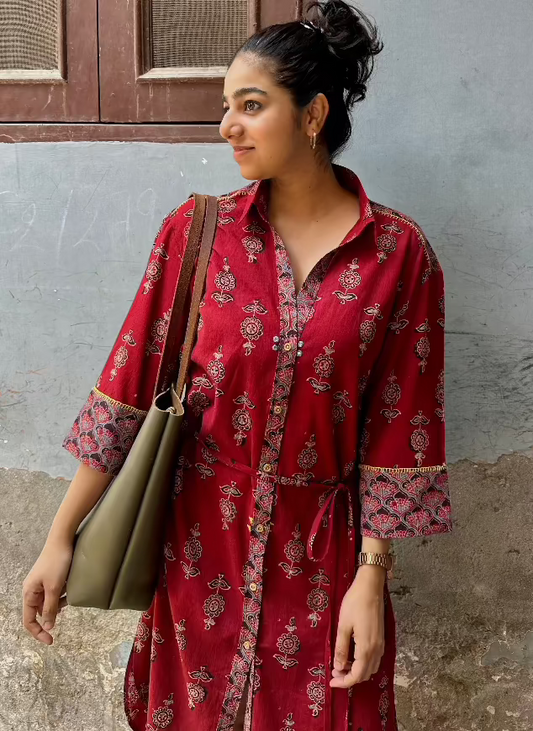 Red ajrakh midi shirt dress with tie