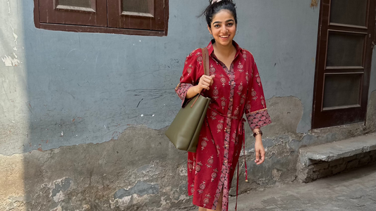 Red ajrakh midi shirt dress with tie