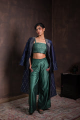 Midnight Blue Silk Coat with Pine Green Co-ord Set