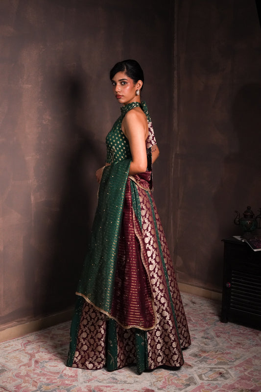 Mulberry-Pine Banarasi Georgette Lehenga Set