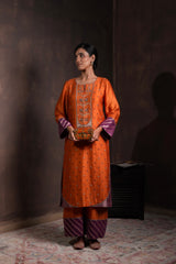 Burnt Orange & Purple Silk Brocade Kurta Set