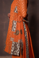 Burnt Orange Polka Banarasi Kurta Set with Patchwork Detailing