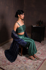 Midnight Blue Silk Coat with Pine Green Co-ord Set
