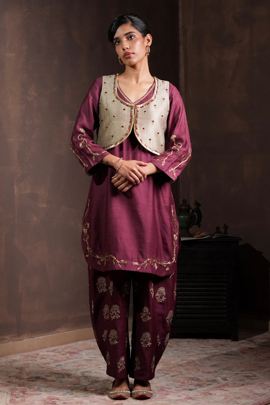 Sage-Mulberry Silk Kurta Set with Koti