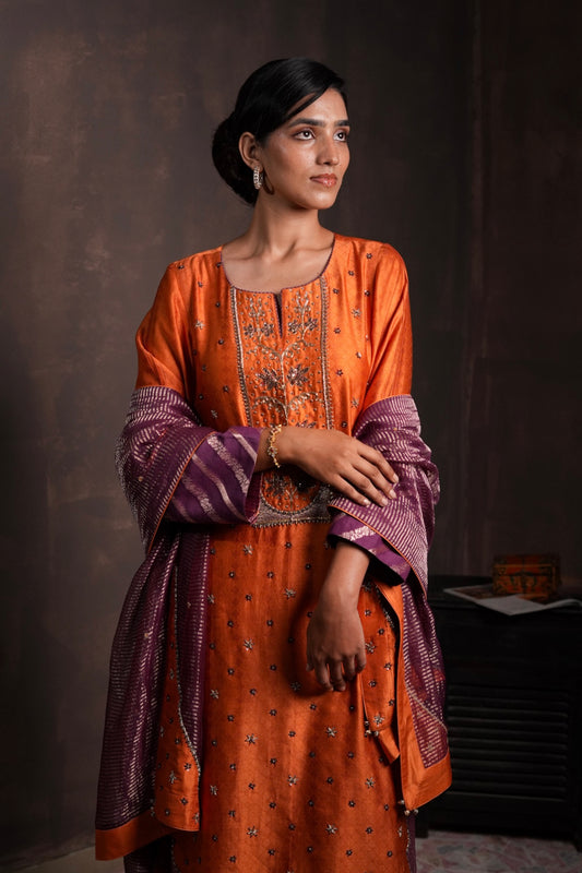 Burnt Orange & Purple Silk Brocade Kurta Set