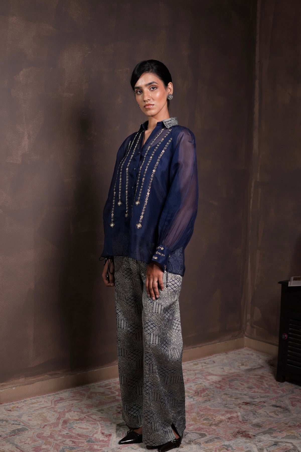 Midnight Blue Organza Shirt with Banarasi Khaddi Georgette Brocade Pants