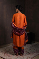Burnt Orange & Purple Silk Brocade Kurta Set