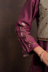 Sage-Mulberry Silk Kurta Set with Koti