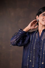 Midnight Blue Organza Shirt with Banarasi Khaddi Georgette Brocade Pants