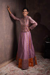 Mulberry Georgette Brocade Lehenga Set with Embroidered Vest or Crop Jacket