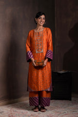 Burnt Orange & Purple Silk Brocade Kurta Set
