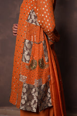 Burnt Orange Polka Banarasi Kurta Set with Patchwork Detailing