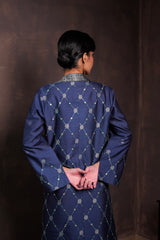 Midnight Blue Silk Coat with Pine Green Co-ord Set