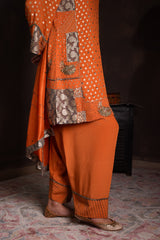 Burnt Orange Polka Banarasi Kurta Set with Patchwork Detailing