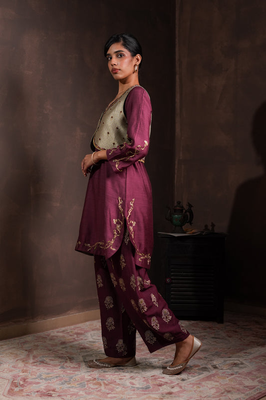 Sage-Mulberry Silk Kurta Set with Koti
