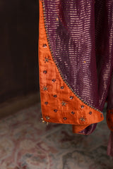 Burnt Orange & Purple Silk Brocade Kurta Set