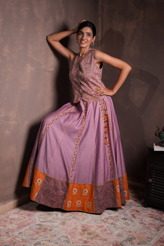 Mulberry Georgette Brocade Lehenga Set with Embroidered Vest or Crop Jacket