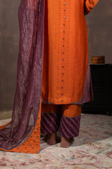 Burnt Orange & Purple Silk Brocade Kurta Set