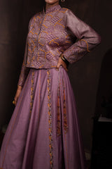 Mulberry Georgette Brocade Lehenga Set with Embroidered Vest or Crop Jacket