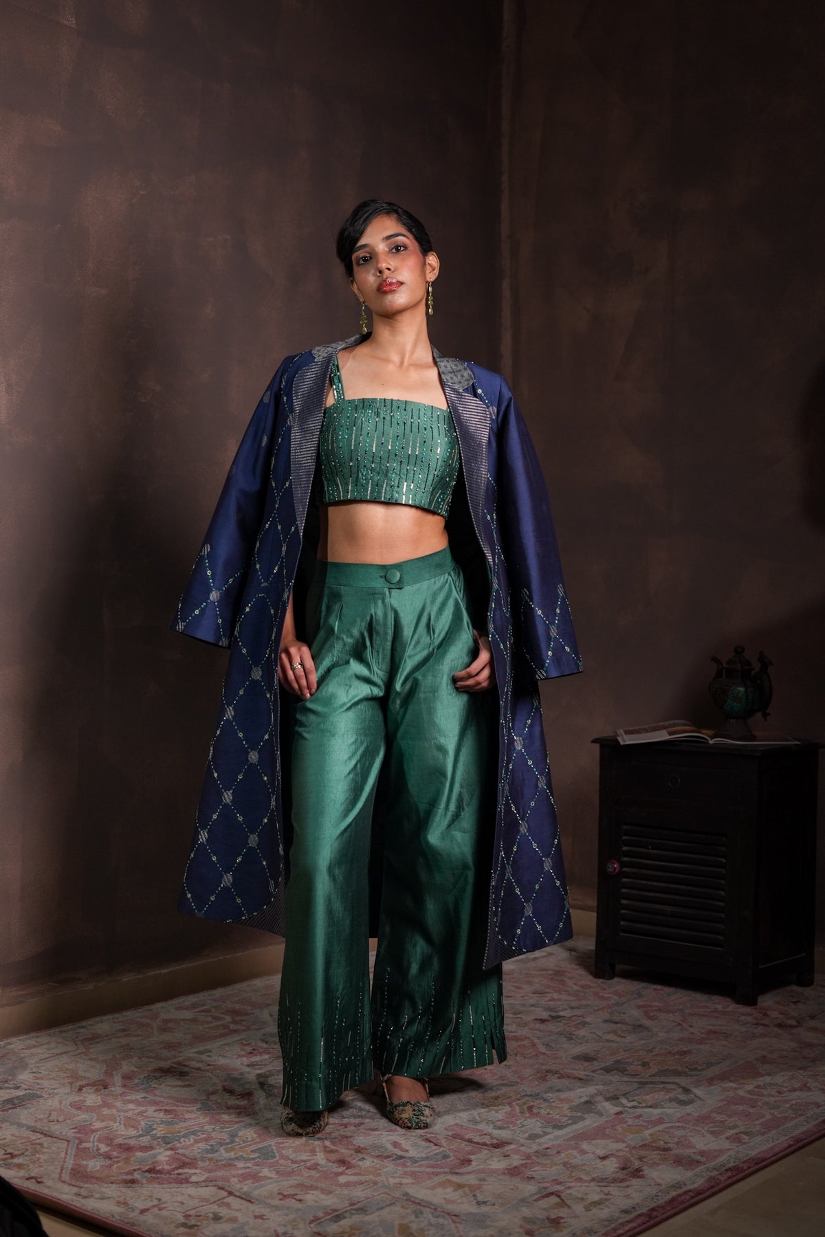 Midnight Blue Silk Coat with Pine Green Co-ord Set