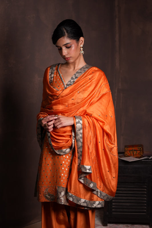 Burnt Orange Polka Banarasi Kurta Set with Patchwork Detailing