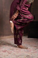 Sage-Mulberry Silk Kurta Set with Koti